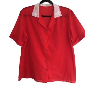 Vintage Womens Red Blouse Short Sleeve Shirt Embroidered Floral Button Up XL